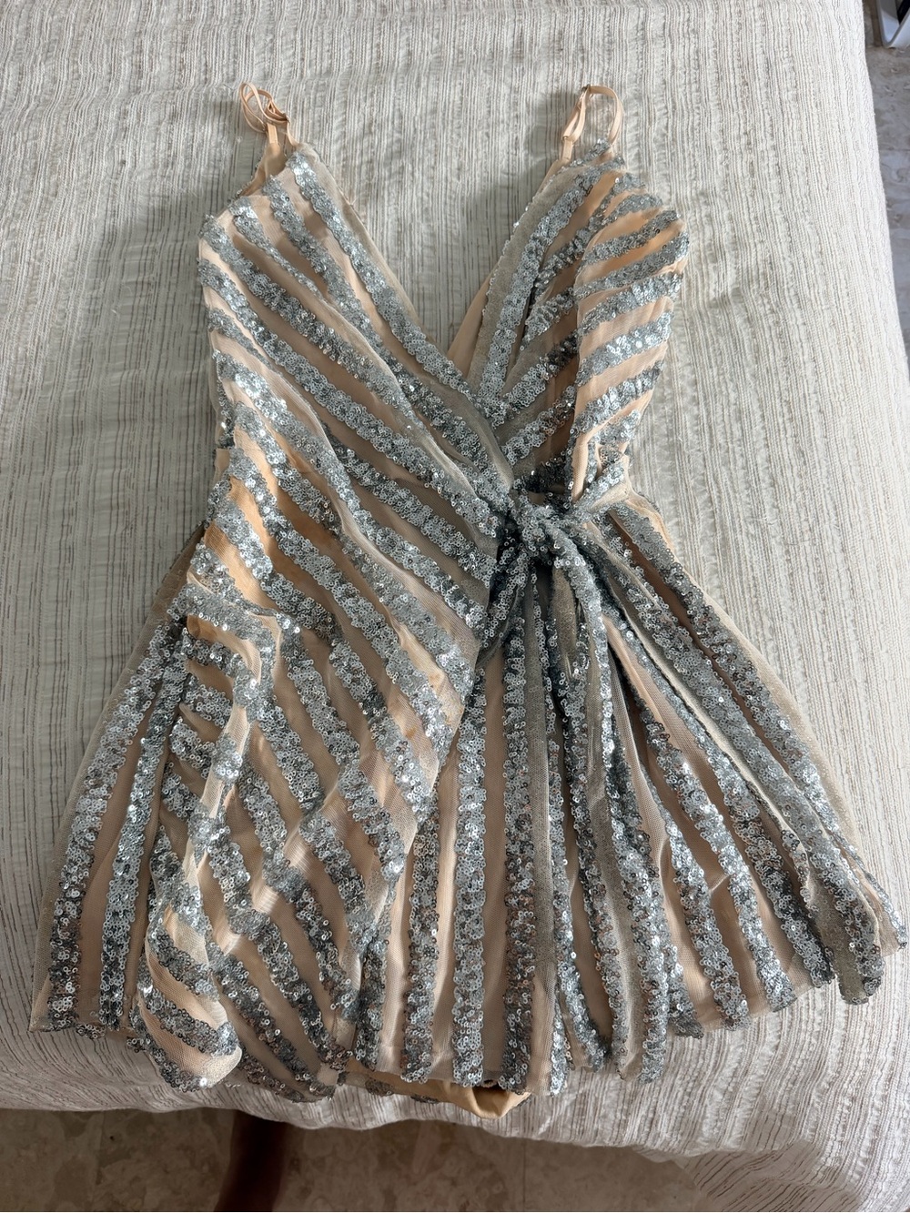 Boutique Sequined Nude & Silver Party Mini Romper